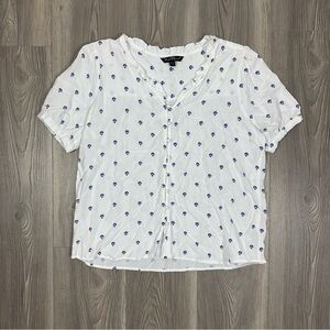 Velvet Heart White Puff Sleeve Button Down Ruffle Trim‎ Top Blue Floral Detail M